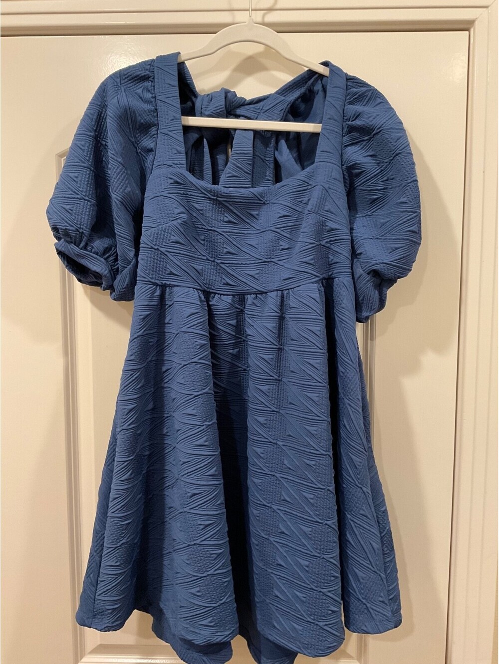 Free People Violet Dress Blue Textured Matelasse Puff Sleeve Open Bow Back Sz S